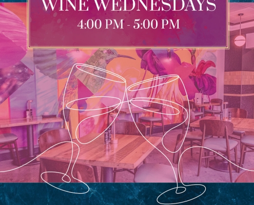 wine wednesdays 4:00. PM to 5:00 PM, wine glass line art drawing, barrymore hotel and gaudin logos