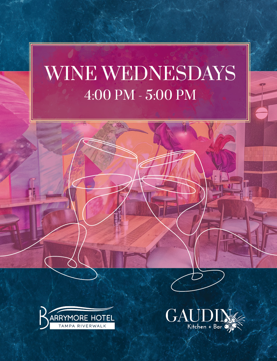 wine wednesdays 4:00. PM to 5:00 PM, wine glass line art drawing, barrymore hotel and gaudin logos