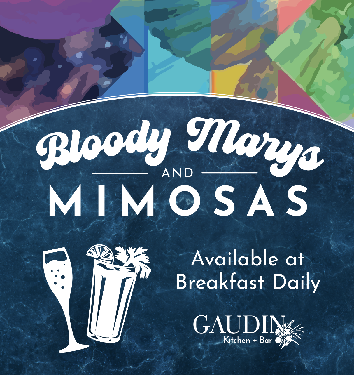 bloody marys and mimosas - available at breakfast daily - gaudin kitchen logo