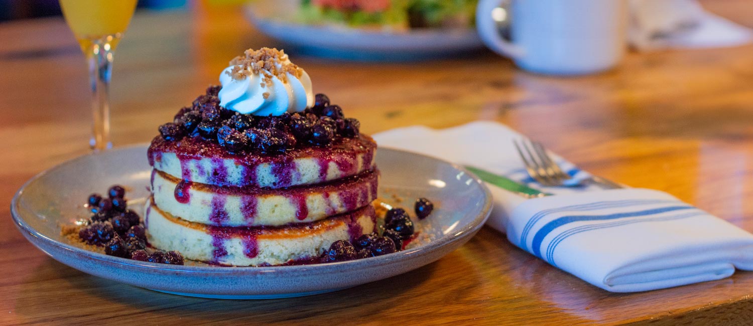 blueberry compote crumble pancakes with creme fraiche